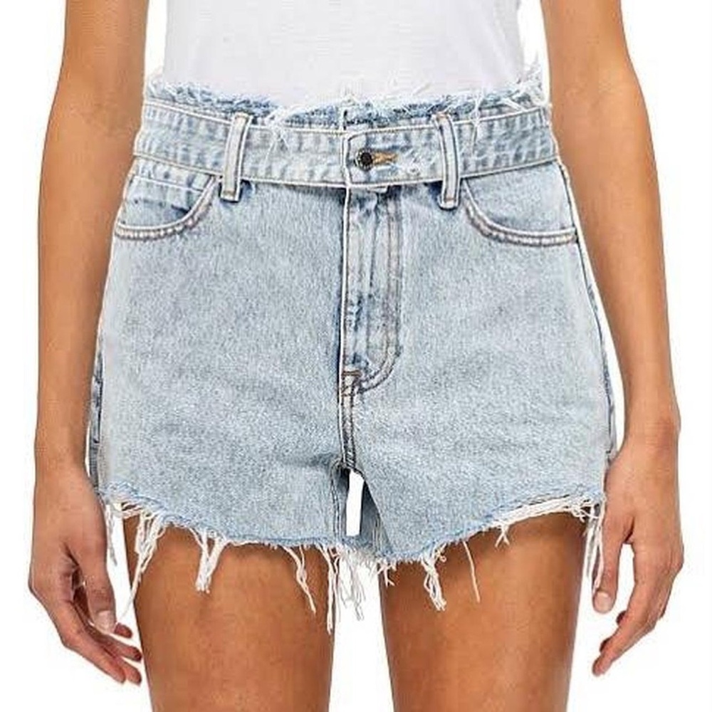 Alexander Wang Light Wash Denim High-Rise Frayed Hem Shorts
